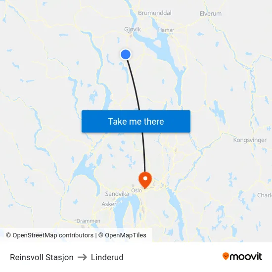 Reinsvoll Stasjon to Linderud map