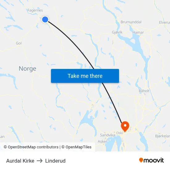 Aurdal Kirke to Linderud map