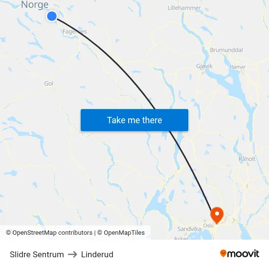 Slidre Sentrum to Linderud map