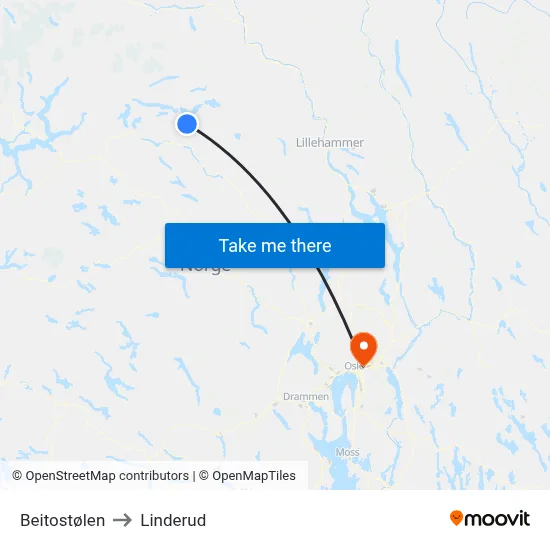 Beitostølen to Linderud map