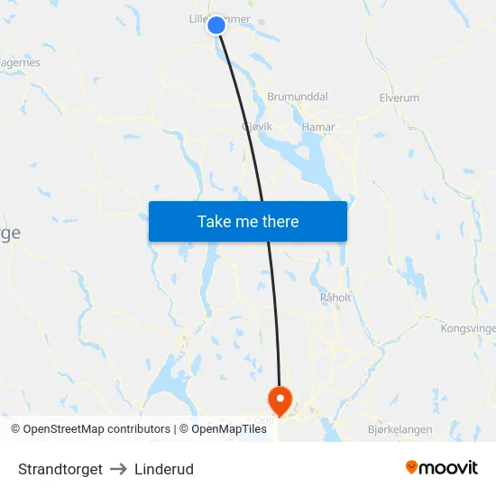 Strandtorget to Linderud map