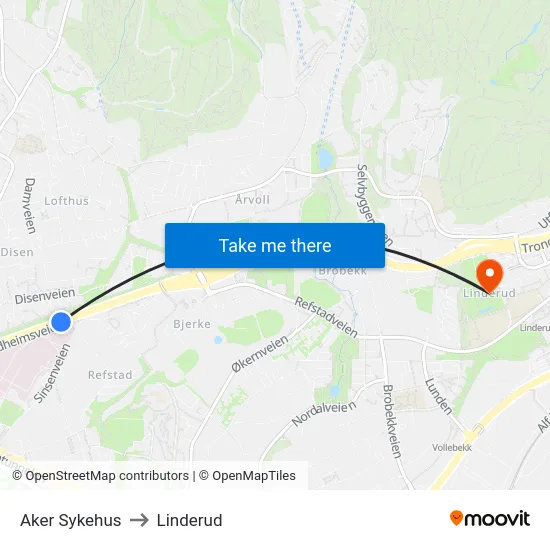 Aker Sykehus to Linderud map