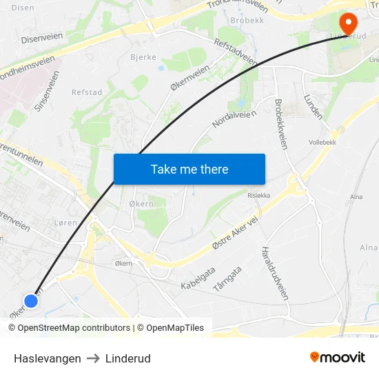 Haslevangen to Linderud map