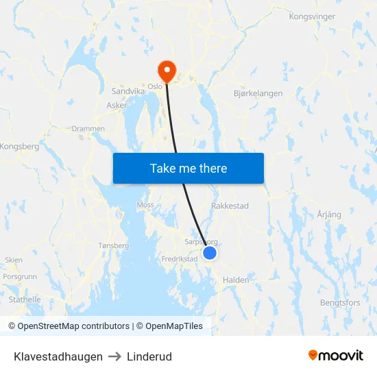 Klavestadhaugen to Linderud map