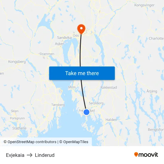 Evjekaia to Linderud map