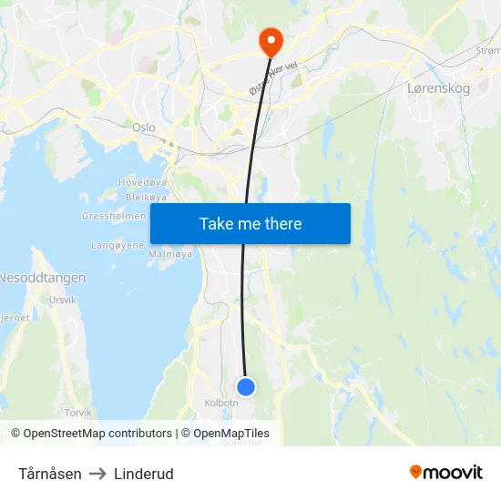 Tårnåsen to Linderud map
