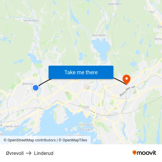 Øvrevoll to Linderud map