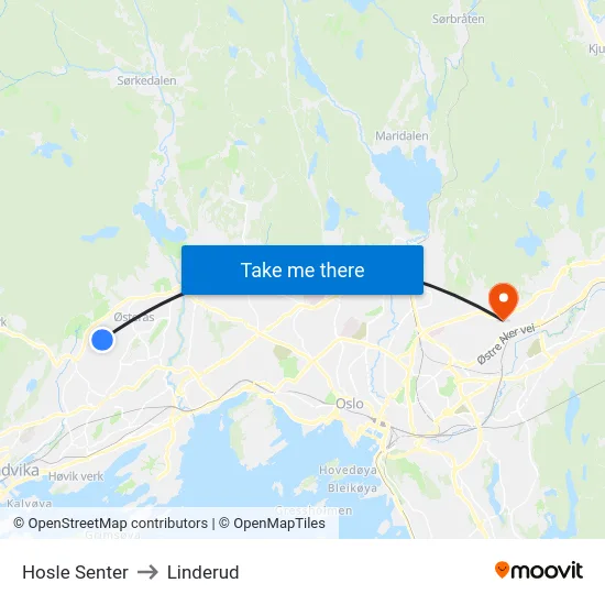 Hosle Senter to Linderud map