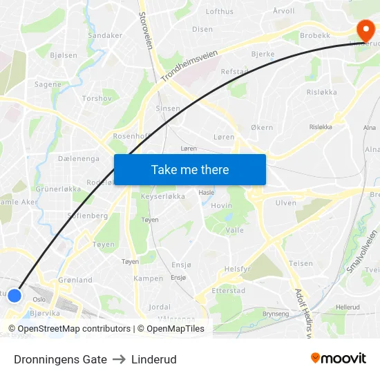 Dronningens Gate to Linderud map