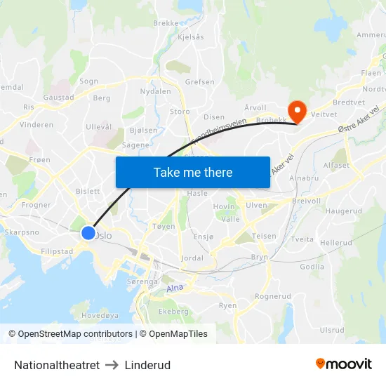 Nationaltheatret to Linderud map