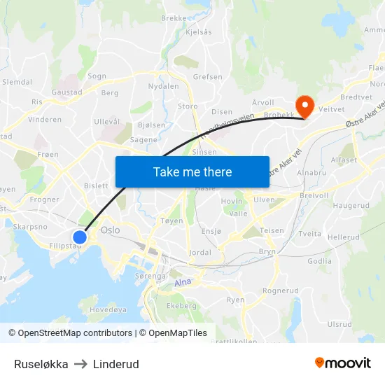 Ruseløkka to Linderud map