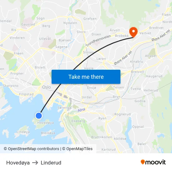 Hovedøya to Linderud map