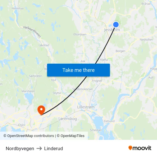 Nordbyvegen to Linderud map