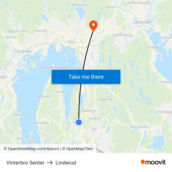 Vinterbro Senter to Linderud map