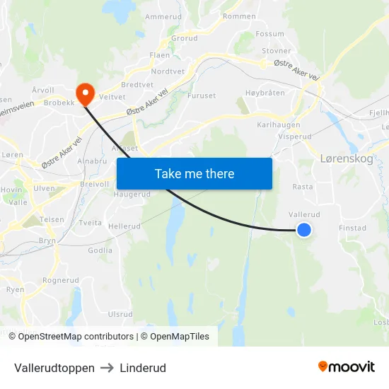 Vallerudtoppen to Linderud map