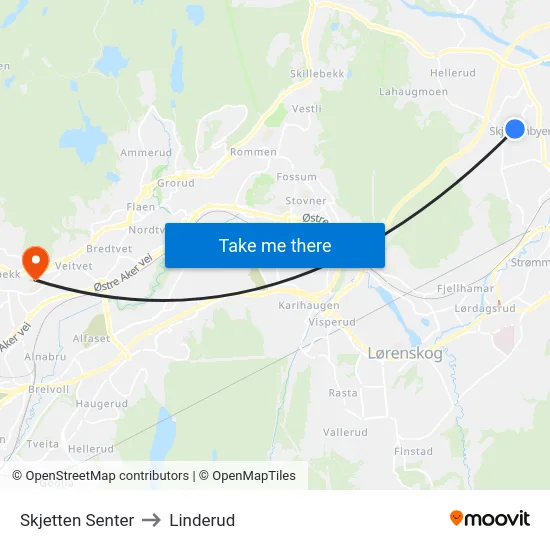 Skjetten Senter to Linderud map