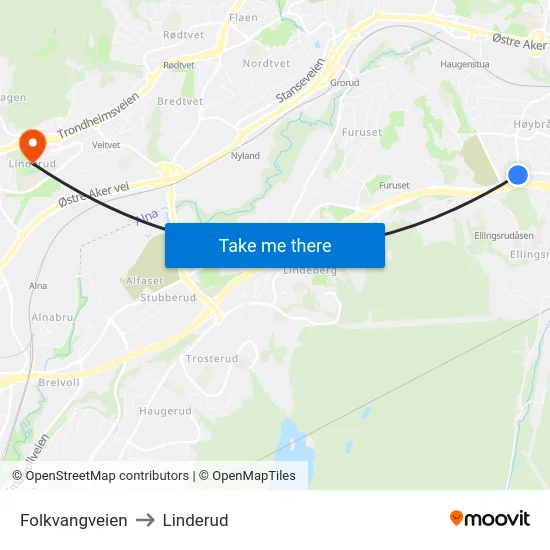 Folkvangveien to Linderud map