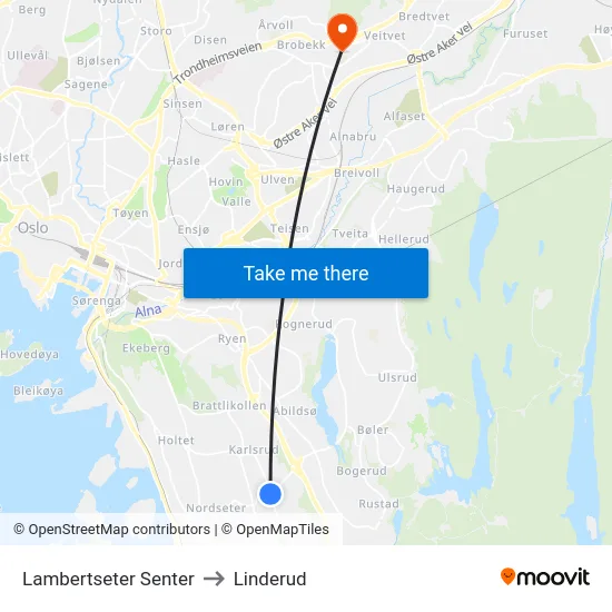 Lambertseter Senter to Linderud map