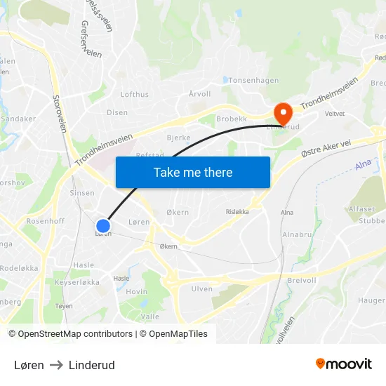 Løren to Linderud map