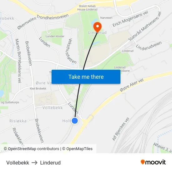 Vollebekk to Linderud map