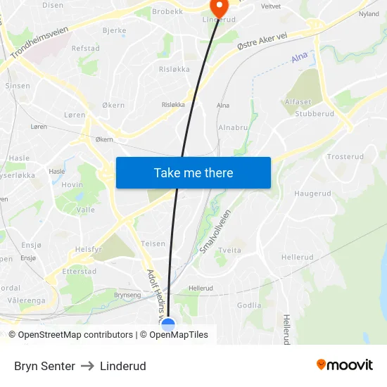 Bryn Senter to Linderud map