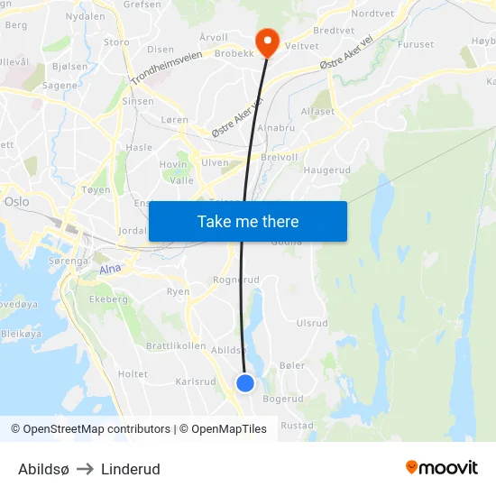 Abildsø to Linderud map