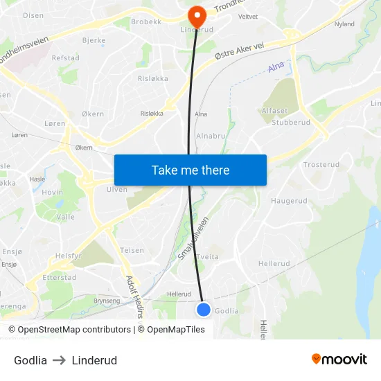 Godlia to Linderud map