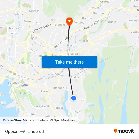 Oppsal to Linderud map