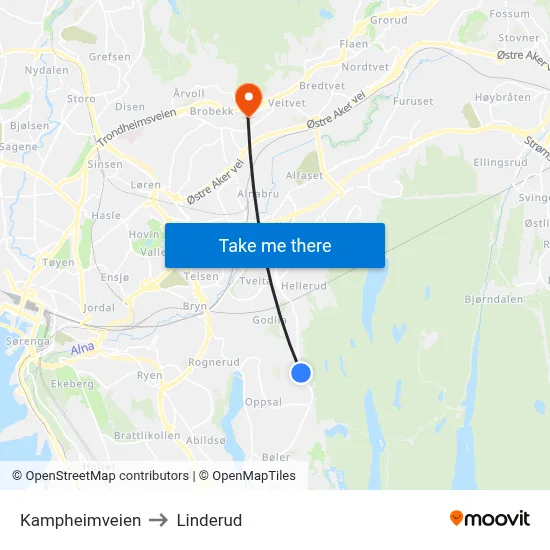 Kampheimveien to Linderud map