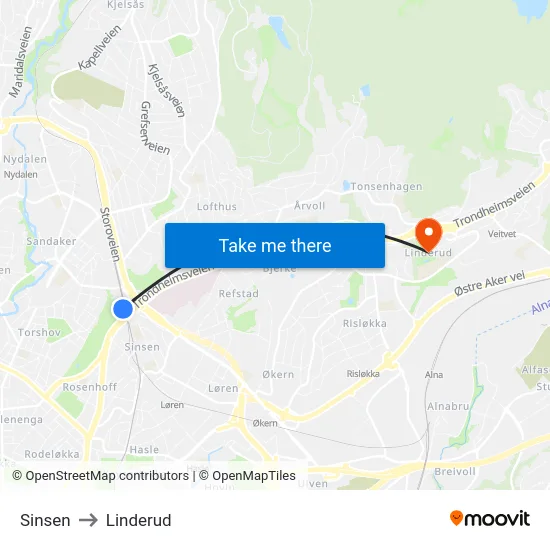 Sinsen to Linderud map