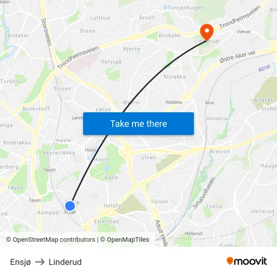 Ensjø to Linderud map
