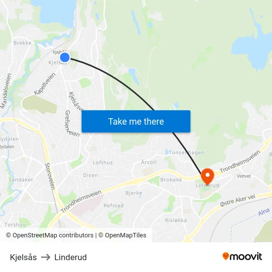 Kjelsås to Linderud map