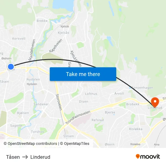 Tåsen to Linderud map