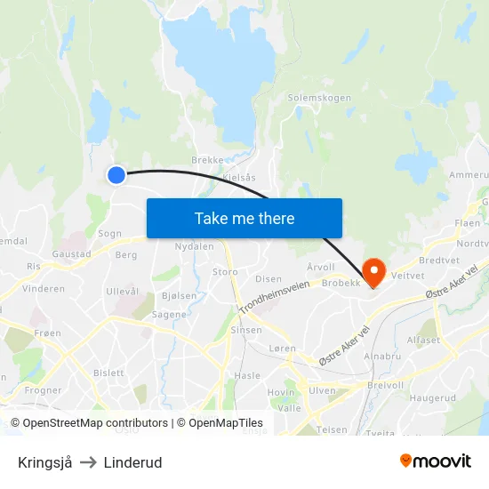 Kringsjå to Linderud map