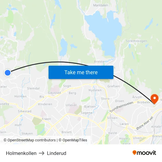 Holmenkollen to Linderud map