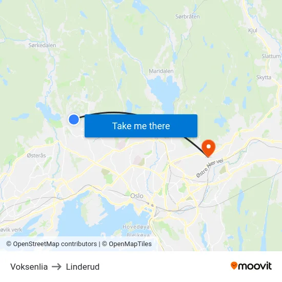 Voksenlia to Linderud map