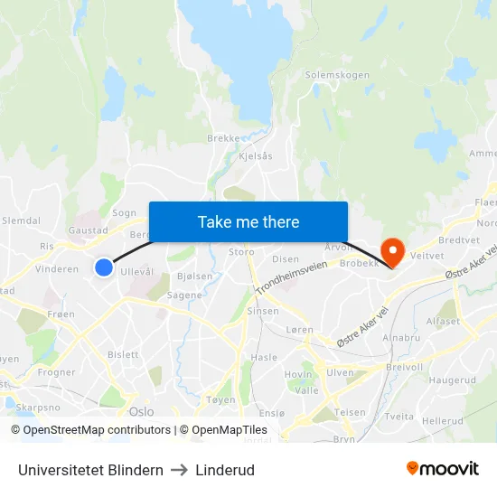 Universitetet Blindern to Linderud map