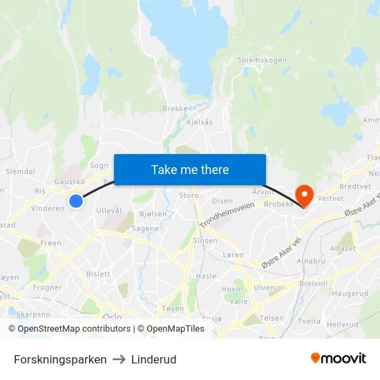 Forskningsparken to Linderud map