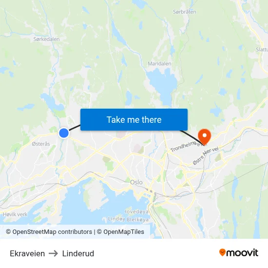 Ekraveien to Linderud map