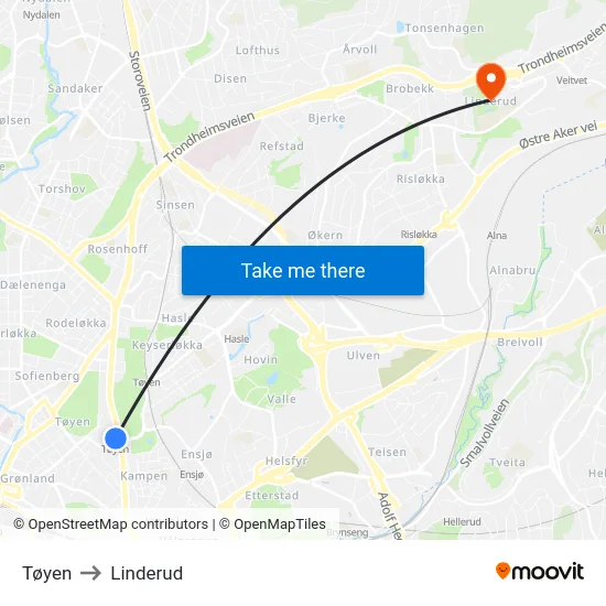 Tøyen to Linderud map