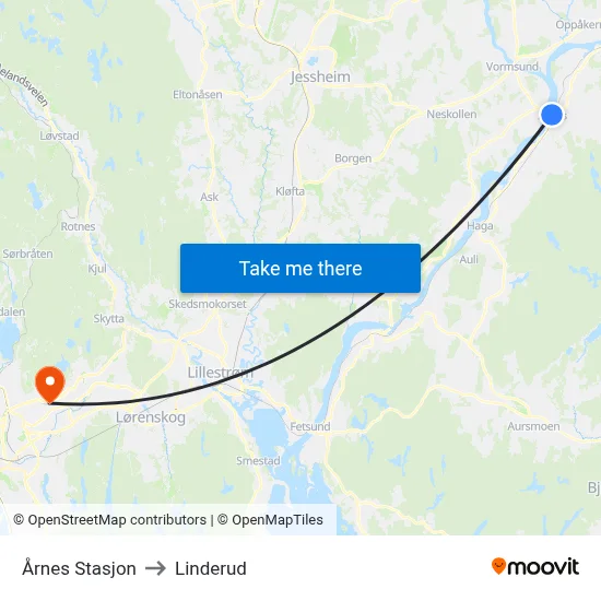 Årnes Stasjon to Linderud map