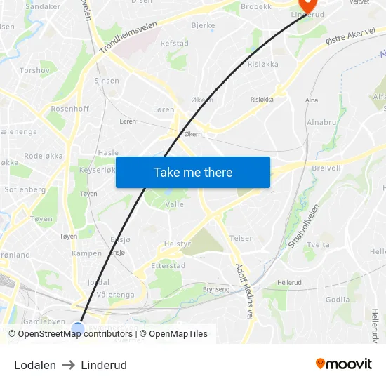 Lodalen to Linderud map