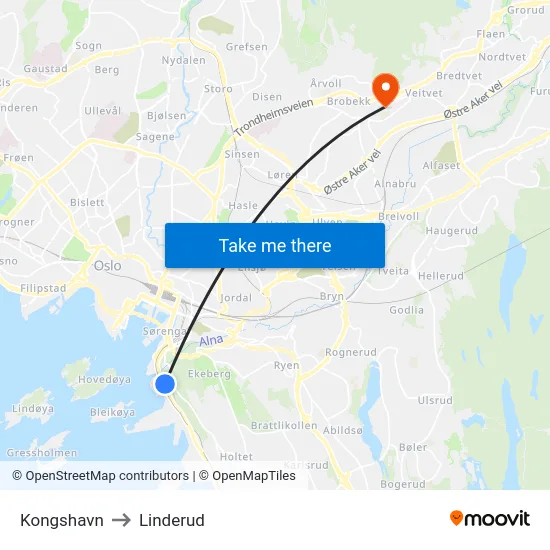 Kongshavn to Linderud map