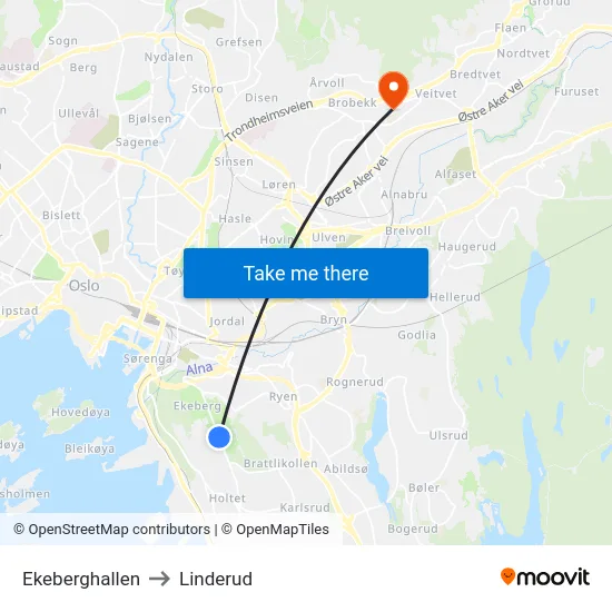 Ekeberghallen to Linderud map