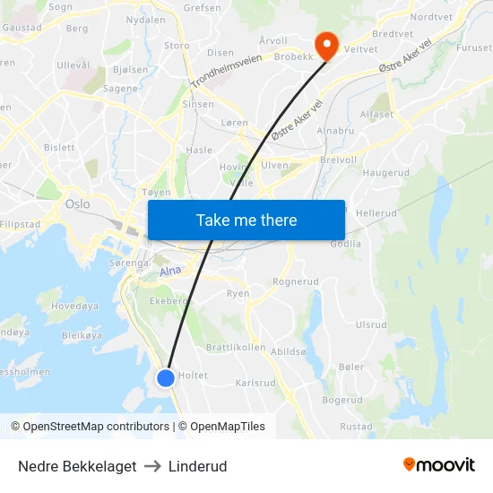 Nedre Bekkelaget to Linderud map
