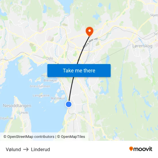 Vølund to Linderud map