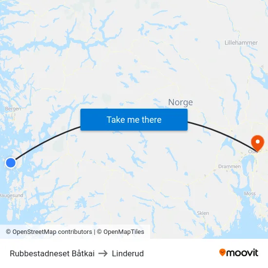 Rubbestadneset Båtkai to Linderud map