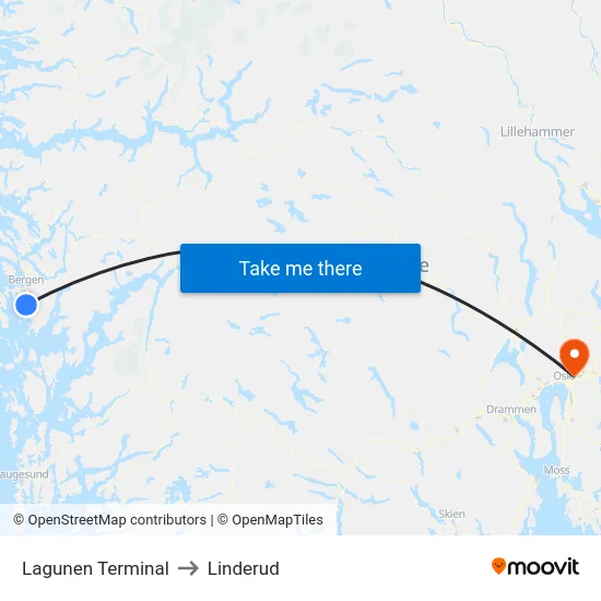Lagunen Terminal to Linderud map