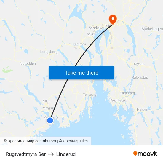 Rugtvedtmyra Sør to Linderud map