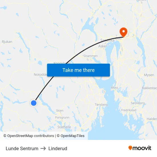 Lunde Sentrum to Linderud map